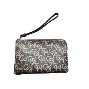 Coach Signature Monogram Navy Blue Wristlet Pouch 6.5" X 4.5" Leather Womens
